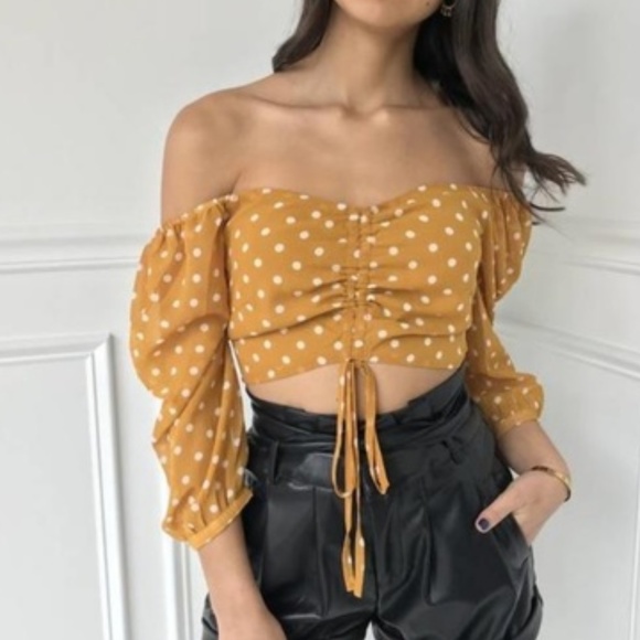 re:named Tops - RE:NAMED Mustard Dot Off The Shoulder Crop Top